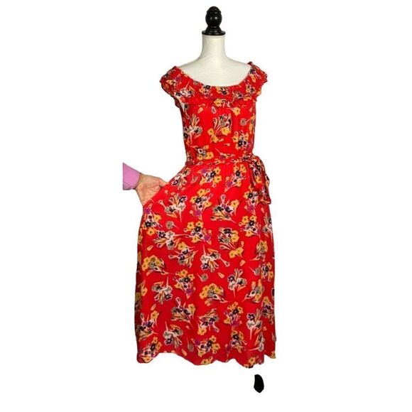 Anthropologie Conversations Floral Print Red Midi Dress, size 6, pockets - Picture 9 of 13